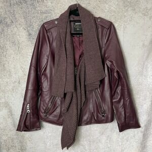 G.I.L.I. Got It Love It Faux Leather Moto Jacket Women's 10 Burgundy Knit Collar